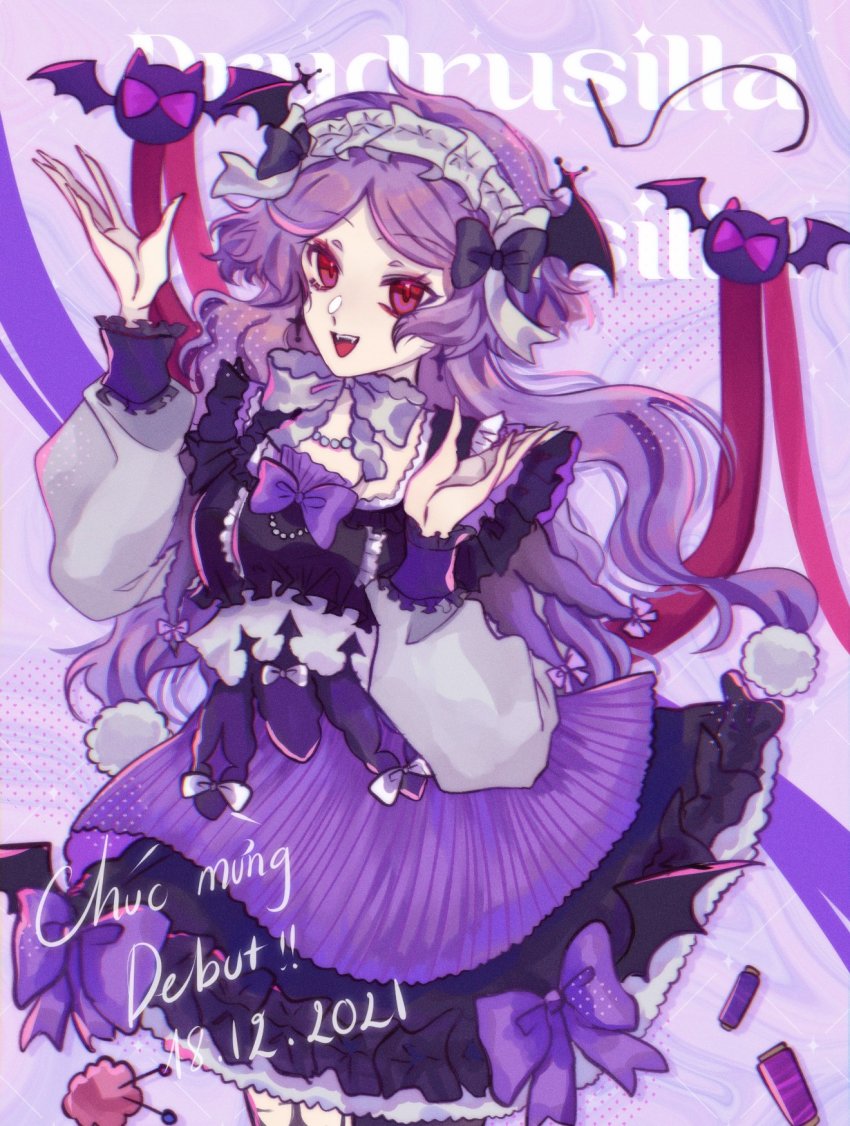 1girl, 3di_project, amel3di, bat_wings, dated, drudrusilla_purple, gothic_lolita, hairband