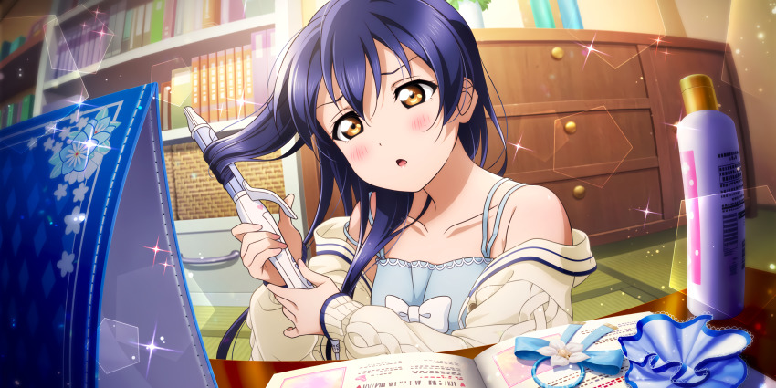 1girl, a_maiden_innocence_(love_live!), absurdres, adjusting_hair, aqua_shirt, artist_name, artist_request, bare_shoulders, blue_hair, blush, book, bookshelf, bow, breasts, collared_shirt, female_focus, hair_between_eyes, highres, indoors, light_brown_jacket, long_hair, long_sleeves, looking_at_viewer, love_live!, love_live!_school_idol_festival, love_live!_school_idol_festival_all_stars, love_live!_school_idol_project, parted_lips, shirt, smile, solo, sonoda_umi, sparkle, upper_body, white_bow, yellow_eyes