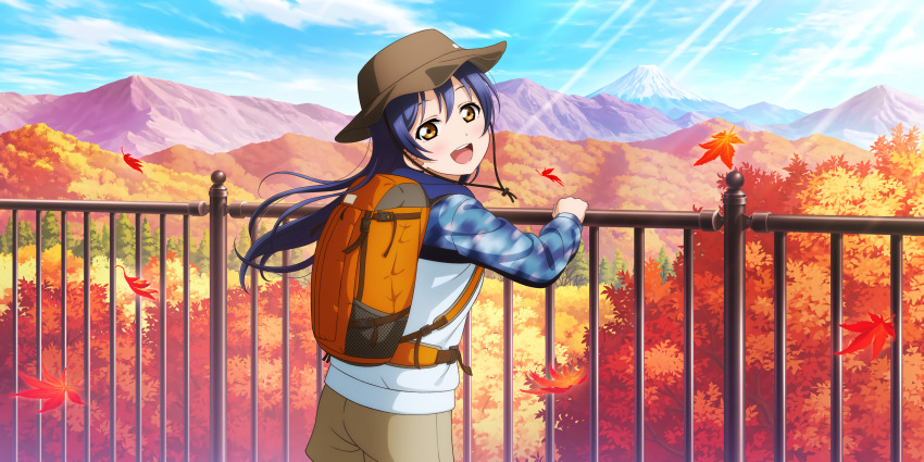 1girl, absurdres, alternate_hairstyle, artist_name, artist_request, autumn_leaves, backpack, bag, blue_hair, blue_hoodie, blue_sky, blush, breasts, brown_headwear, brown_pants, brown_shorts, cloud, day, falling_leaves, female_focus, floating_hair, from_behind, hair_between_eyes, highres, hiking_outfit, hood, hoodie, jacket, leaf, long_hair, long_sleeves, looking_at_viewer, looking_back, love_live!, love_live!_school_idol_festival, love_live!_school_idol_festival_all_stars, love_live!_school_idol_project, mountain, orange_leaves, outdoors, pants, parted_lips, shorts, sky, smile, solo, sonoda_umi, sunlight, tree, wavy_hair, yellow_eyes