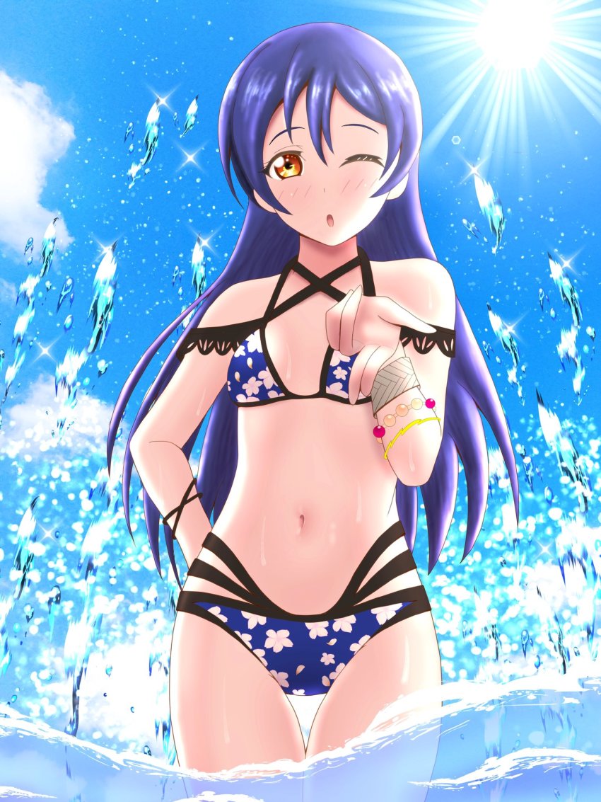 1girl, ;), ;3, ;o, artist_name, artist_request, bare_shoulders, bikini