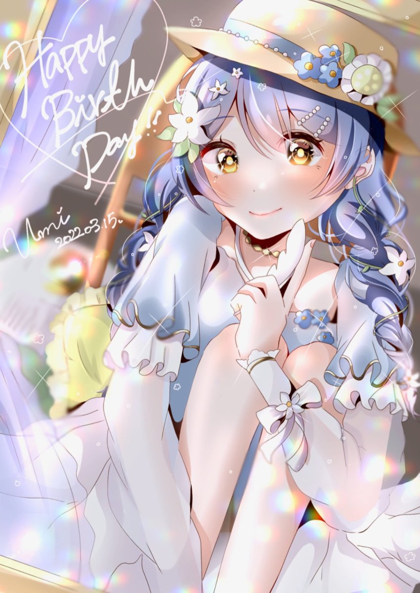 1girl, a_maiden_innocence_(love_live!), alternate_hairstyle, aqua_bow, aqua_dress, aqua_skirt, artist_name, artist_request