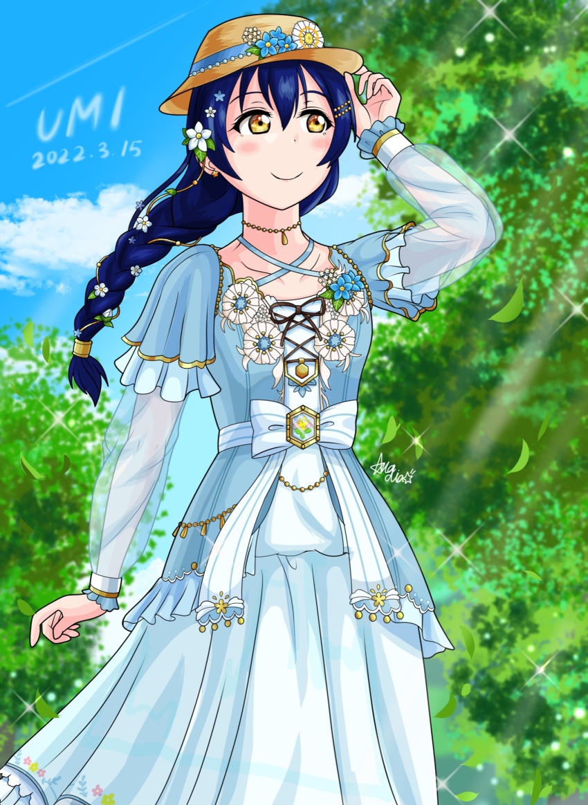 1girl, a_maiden_innocence_(love_live!), adjusting_clothes, adjusting_headwear, aircraft, airplane, alternate_hairstyle, aqua_bow