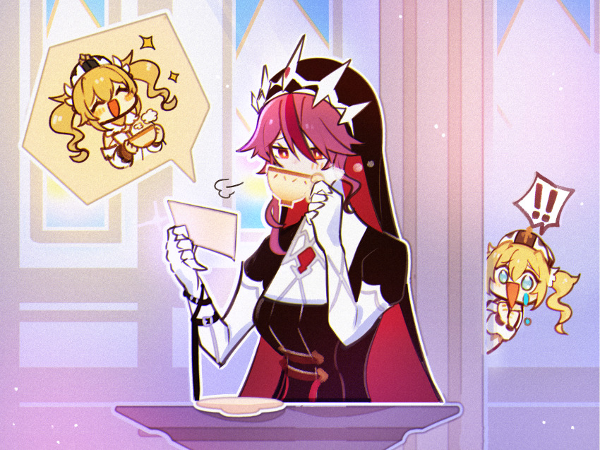 !, !!, 2girls, ^_^, barbara_(genshin_impact), black_dress, blonde_hair, closed_eyes, cup, dress, drill_hair, drink, drinking, enpitsu01, genshin_impact, half-closed_eyes, hat, highres, multiple_girls, nun, nun_headdress, official_alternate_costume, open_mouth, peeking_out, purple_hair, rosaria_(genshin_impact), rosaria_(to_the_church's_free_spirit)_(genshin_impact), smile, sparkle, speech_bubble, sweatdrop, teacup, thought_bubble, twin_drills, twintails, veil