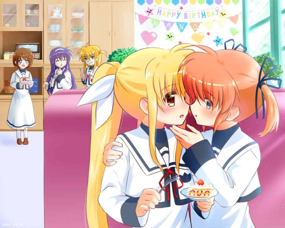 5girls, angry, arisa_bunnings, birthday, birthday_cake, birthday_party, black_ribbon, blonde_hair