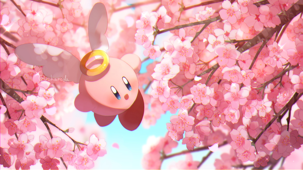 angel_wings, artist_name, blue_eyes, blush, cherry_blossoms, flying, halo, kirby