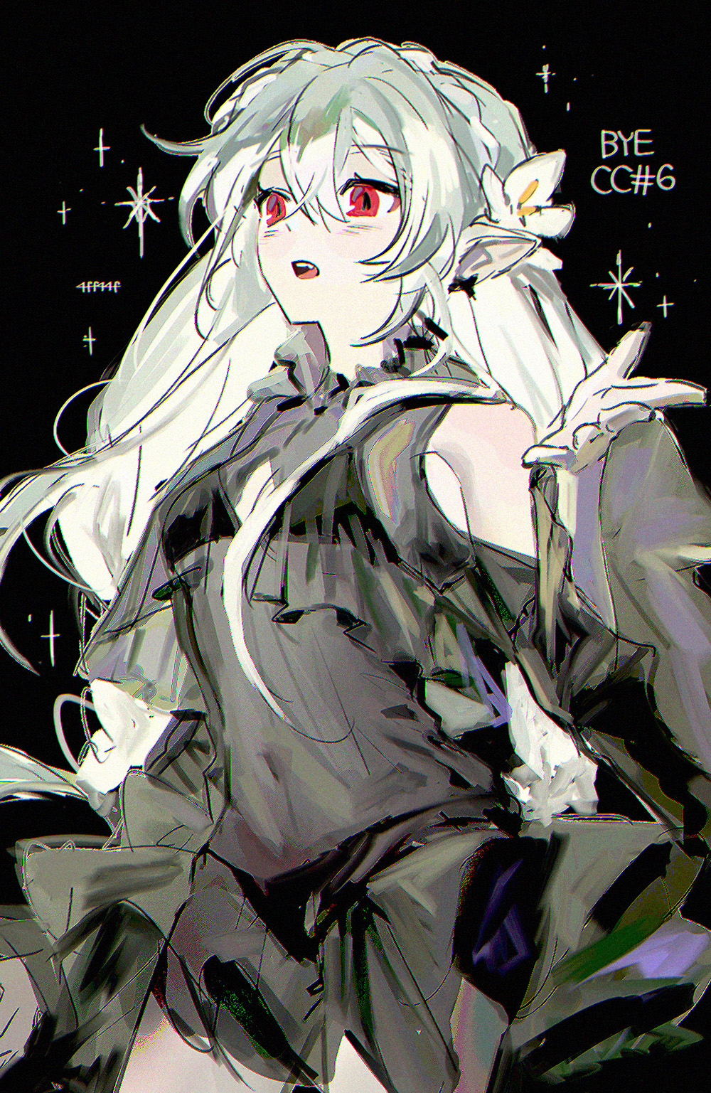 1girl, arknights, bare_shoulders, bikini, bikini_under_clothes, black_background, black_bikini, blush, clear_(4ff44f), clothing_cutout, cowboy_shot, english_text, engrish_text, flat_chest, flower, hair_between_eyes, hair_flower, hair_ornament, highres, long_hair, long_sleeves, navel, official_alternate_costume, open_mouth, pale_skin, pointy_ears, ranguage, red_eyes, see-through_clothes, shoulder_cutout, silver_hair, simple_background, solo, swimsuit, very_long_hair, warfarin_(arknights), warfarin_(casual_vacation)_(arknights), white_flower