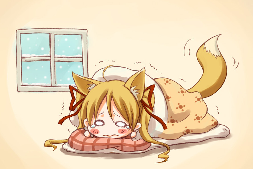 1girl, animal_ears, blanket, blonde_hair, blush_stickers, chibi, cold, female_focus