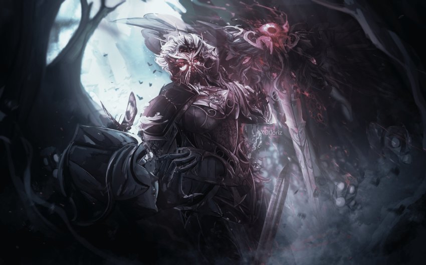 1boy, 1girl, armor, black_cape, black_pants, breasts, bug, butterfly, cape, floriz_(xofloriz), grey_background, grey_hair, helmet, highres, holding, holding_sword, holding_weapon, insect, large_breasts, league_of_legends, looking_at_viewer, mask, mouth_mask, pants, renata_glasc, short_hair, solo_focus, sword, twitter_username, weapon