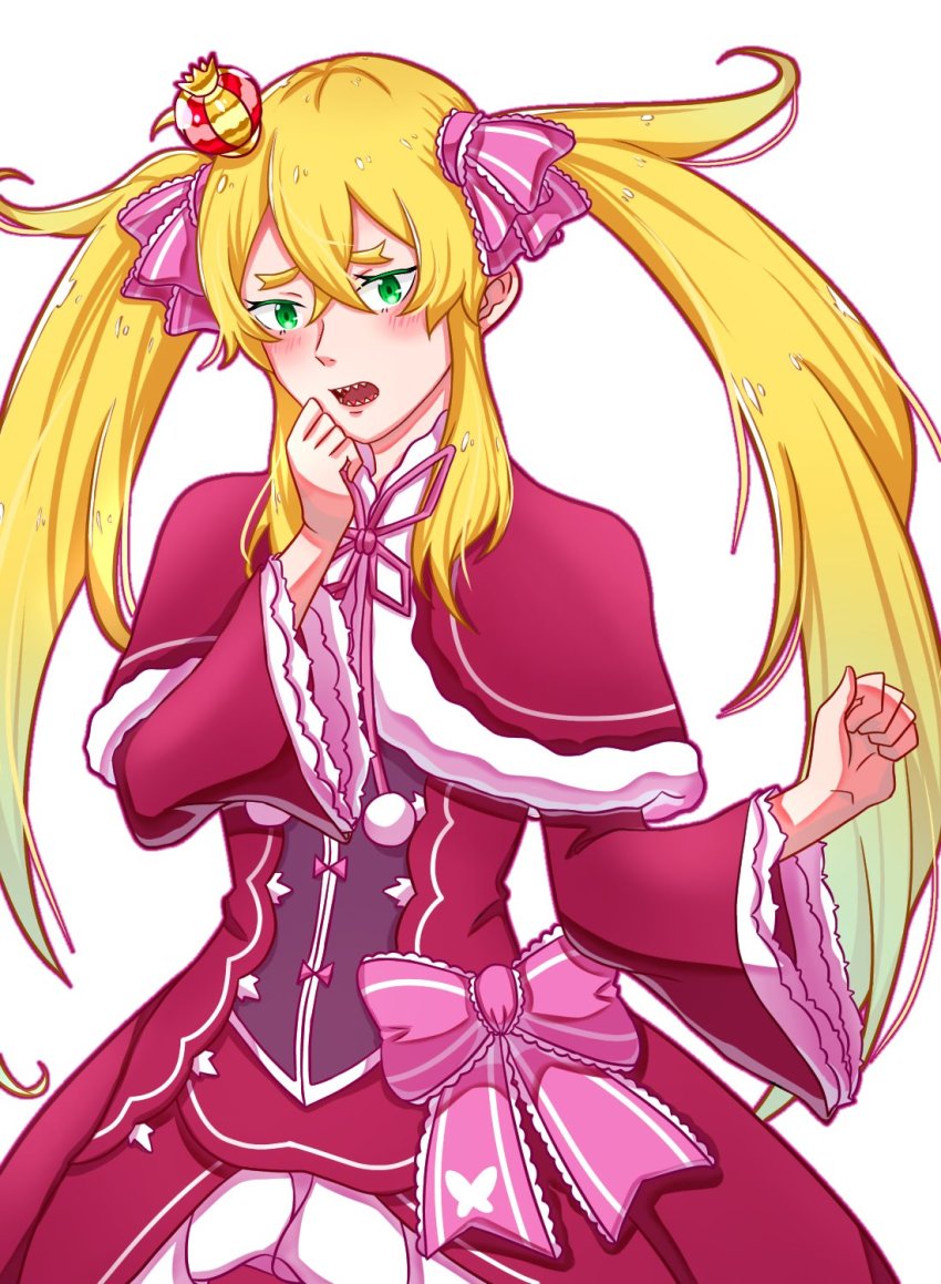 1girl, antena_sasaru, beatrice_(cosplay), cosplay, crown, dress, embarrassed, frederica_baumann