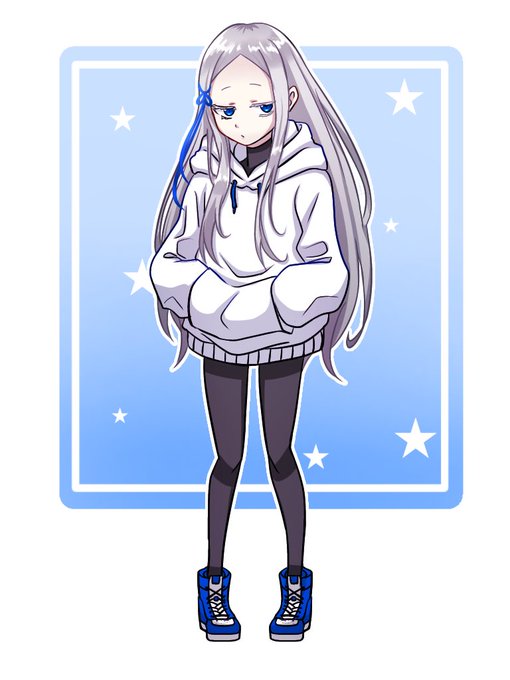 1girl, alternate_costume, antena_sasaru, blue_eyes, grey_eyes, hood, hoodie, looking_at_viewer, pandora_(re:zero), pantyhose, re:zero_kara_hajimeru_isekai_seikatsu, shoes, silver_hair
