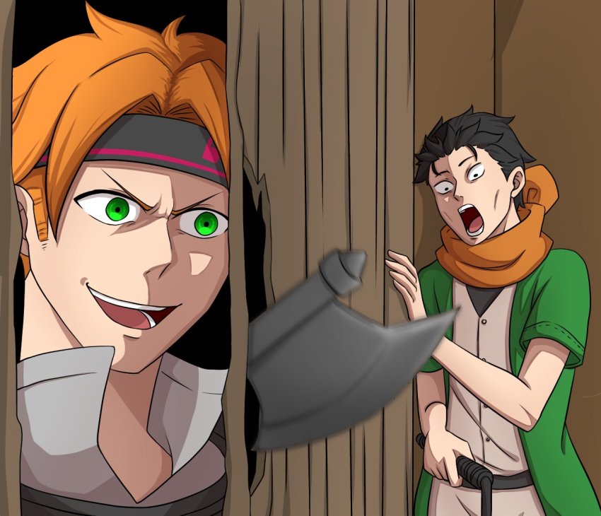 2boys, antena_sasaru, axe, black_hair, door, green_eyes, green_jacket, here's_johnny!_(meme)