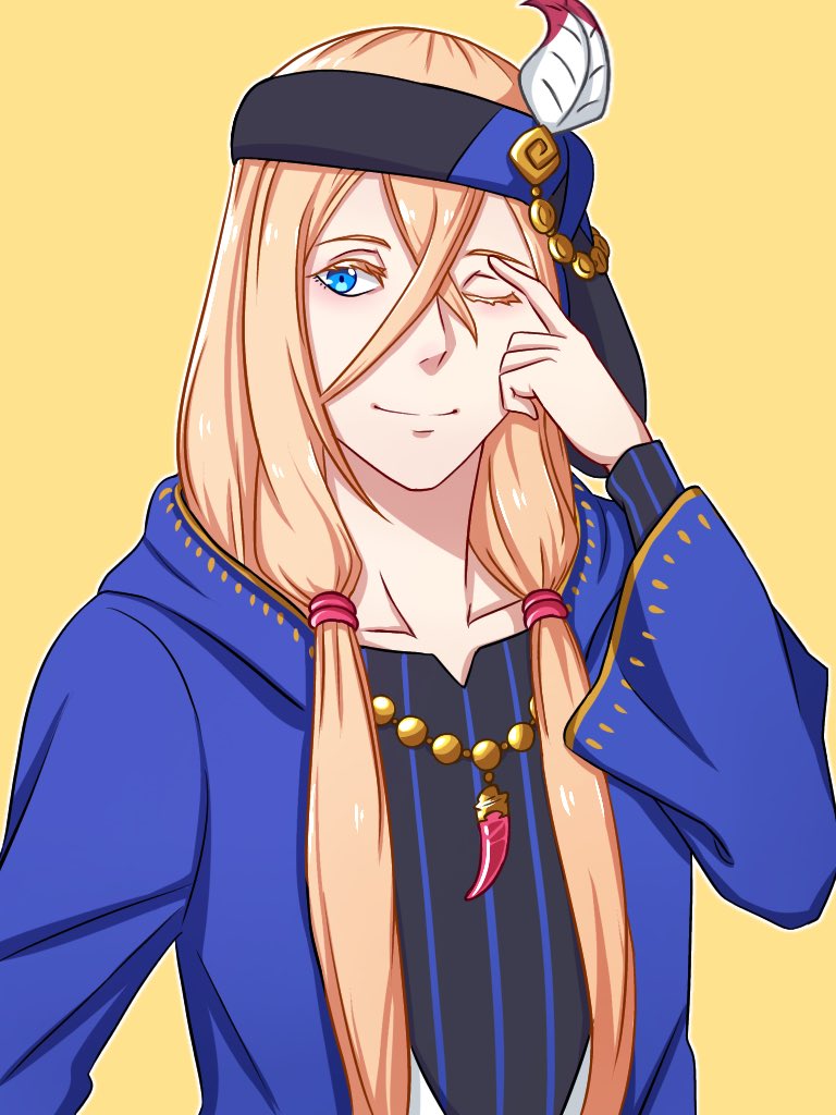 1boy, antena_sasaru, blonde_hair, blue_eyes, blue_jacket, feathers, finger_on_face, flop_o'connell