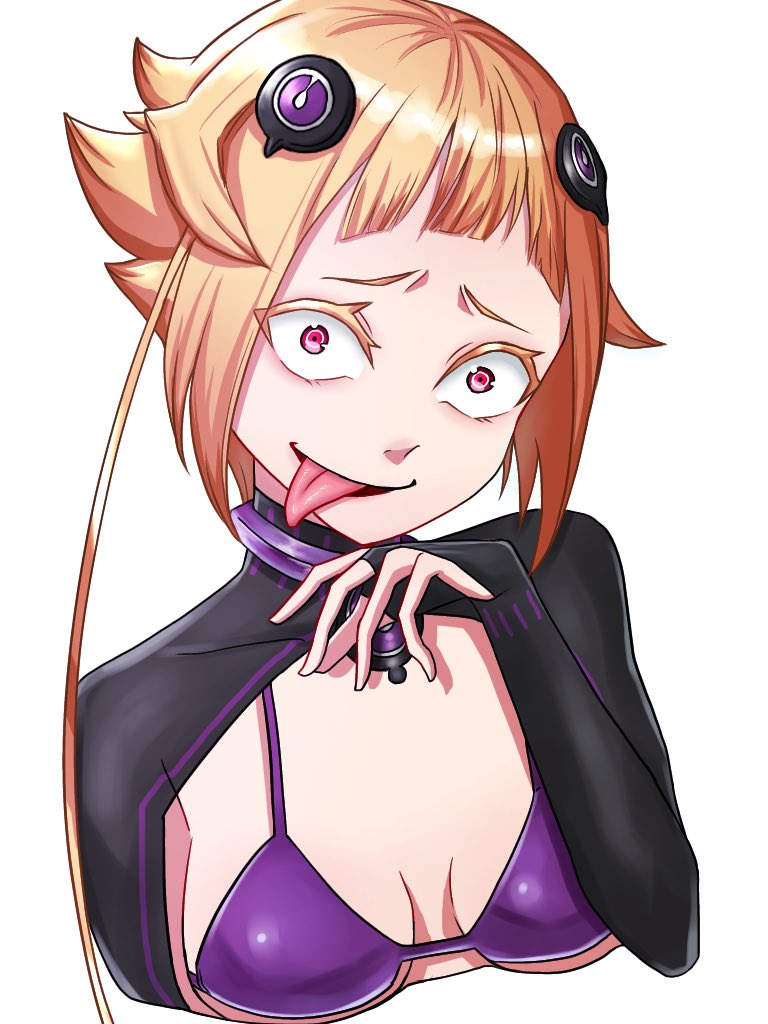1girl, antena_sasaru, asymmetrical_hair, bikini, bikini_top_only, blonde_hair, breasts, capella_emerada_lugnica, crazy, crazy_eyes, medium_breasts, purple_bikini, re:zero_kara_hajimeru_isekai_seikatsu, red_eyes, reverse_outfit, sanpaku, short_hair, swimsuit, tongue, tongue_out