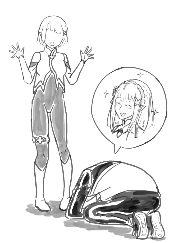 1boy, 2girls, antena_sasaru, bowing, dogeza, elf, embarrassed, emilia_(re:zero)