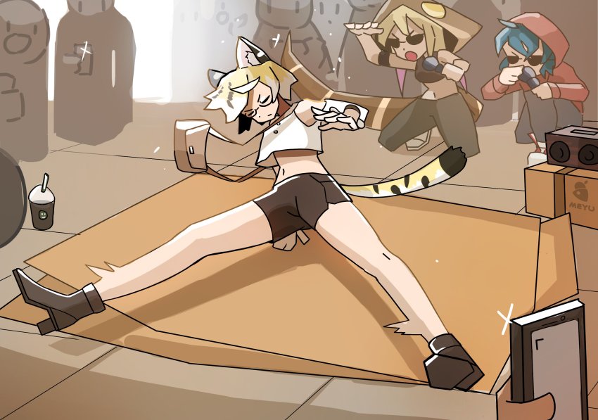 3girls, absurdres, animal_ears, audience, bag, bare_legs, beatboxing, boots