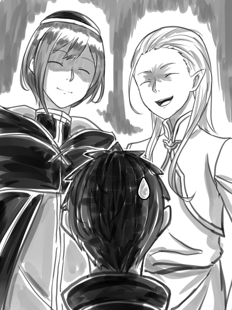 3boys, antena_sasaru, archie_(re:zero), cape, closed_eyes, elf, evil_aura, evil_grin