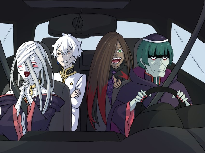 1girl, 3boys, antena_sasaru, bags_under_eyes, bandages, brown_hair, car, closed_eyes