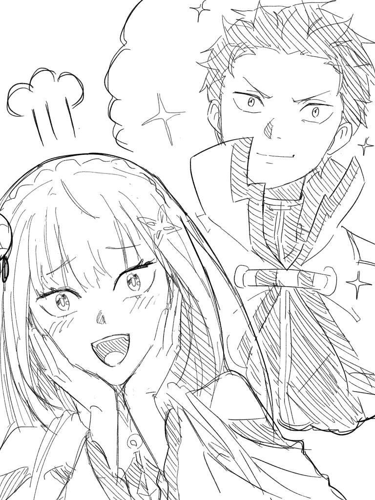 1boy, 1girl, antena_sasaru, blush, detached_sleeves, emilia_(re:zero), excited, hands_on_own_cheeks