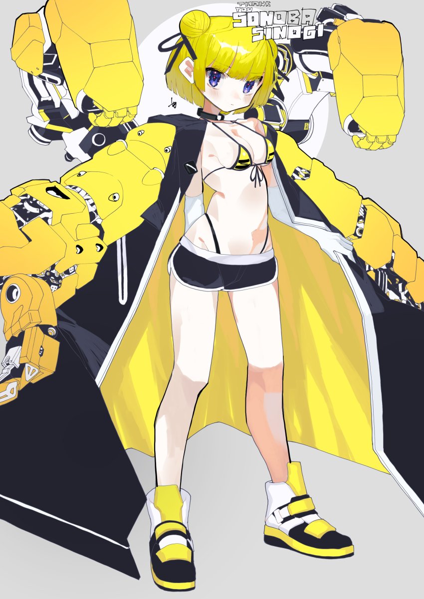 1girl, absurdres, bikini, black_cape, black_choker, black_shoes, black_shorts, blonde_hair