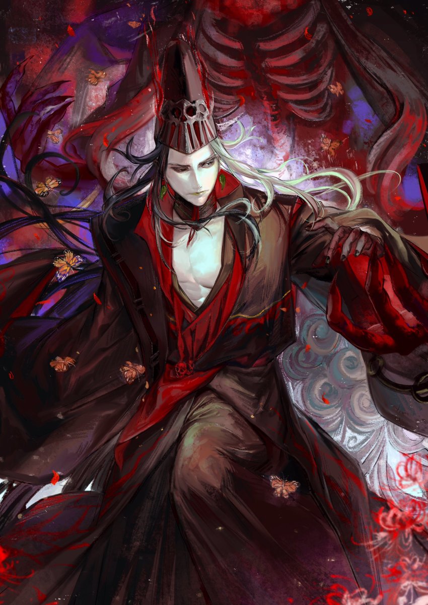 1boy, akimitsu-dono, alternate_hairstyle, ashiya_douman_(fate), ashiya_douman_(third_ascension)_(fate), asymmetrical_hair, bell, black_eyes