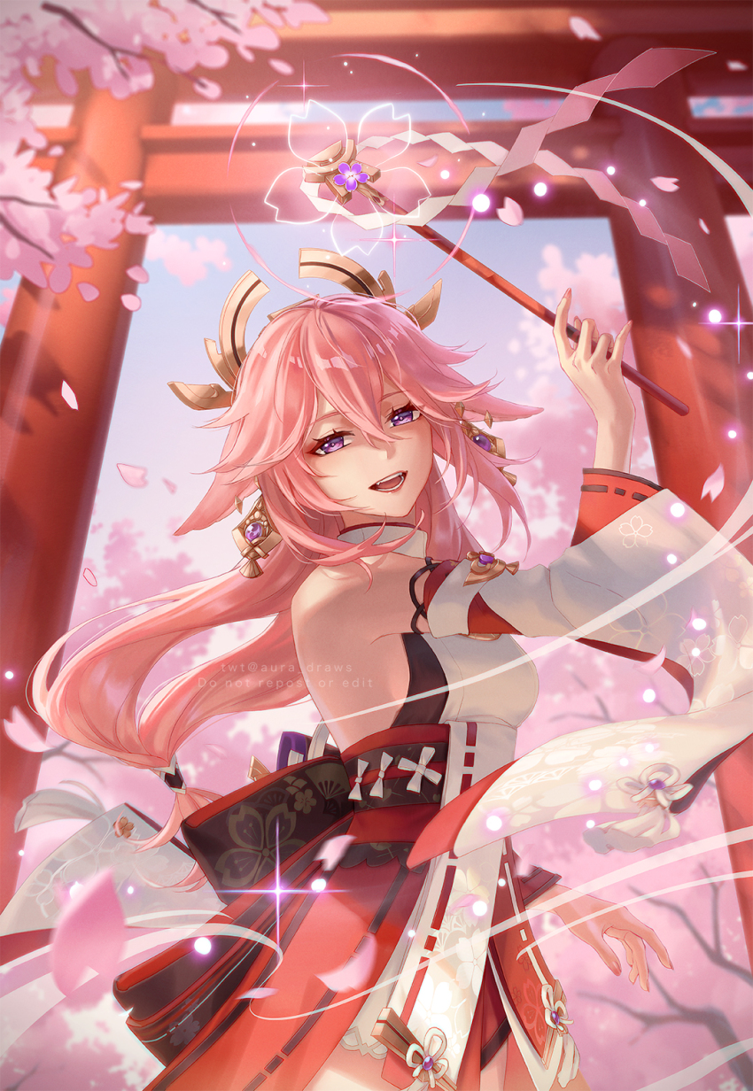 1girl, aura_draws, bare_shoulders, cherry_blossoms, detached_sleeves, earrings, fox_girl, genshin_impact