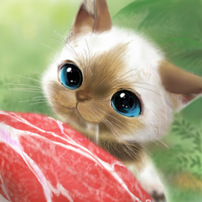 blue_eyes, capcom, cat, colorpoint_(pattern), felyne, highres, monster_hunter_(series), no_humans, raw_meat, siamese_cat, solo, yasaki_ayumi