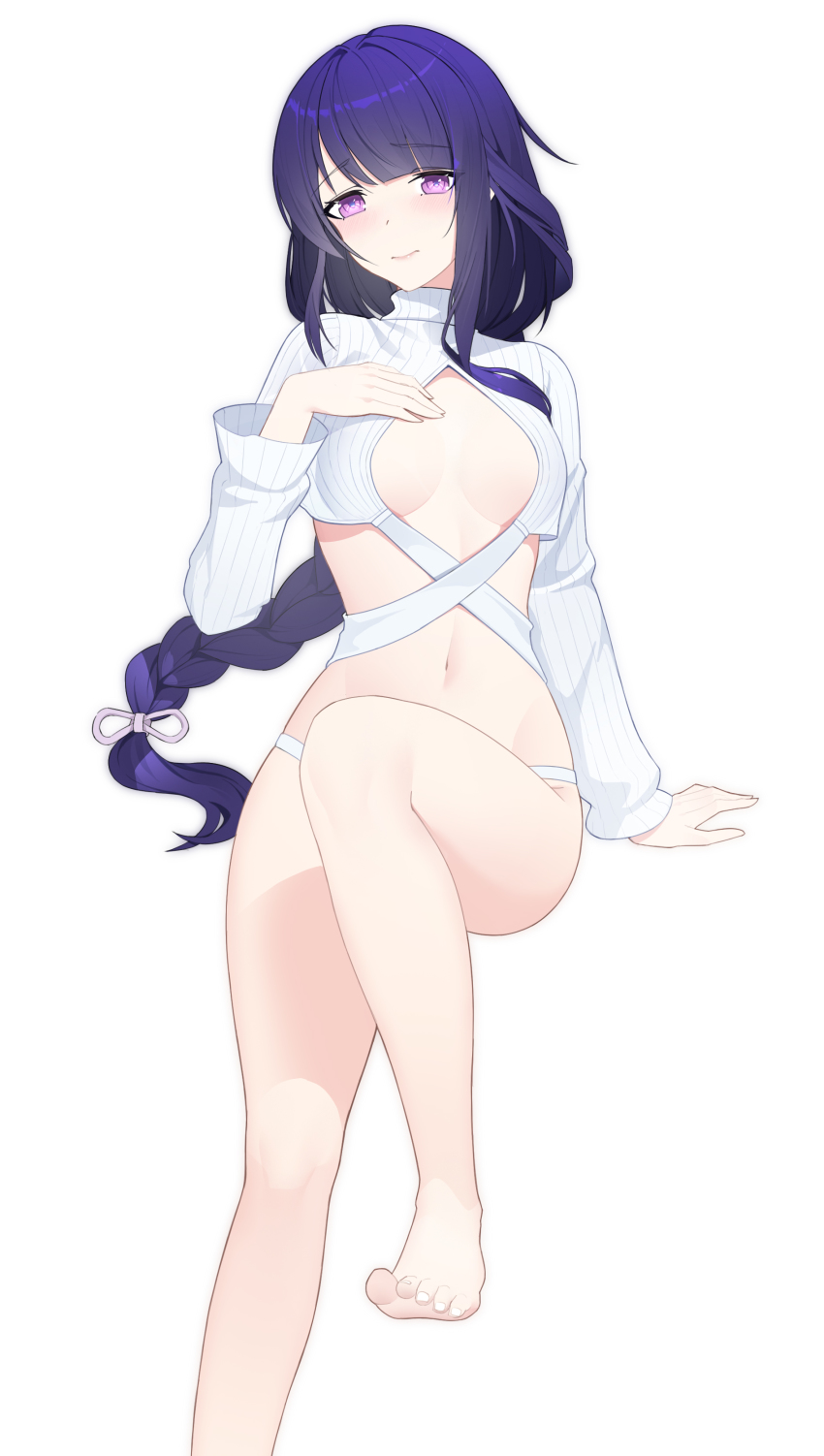 1girl, 3:, absurdres, barefoot, braid, breasts, breasts_apart, crop_top