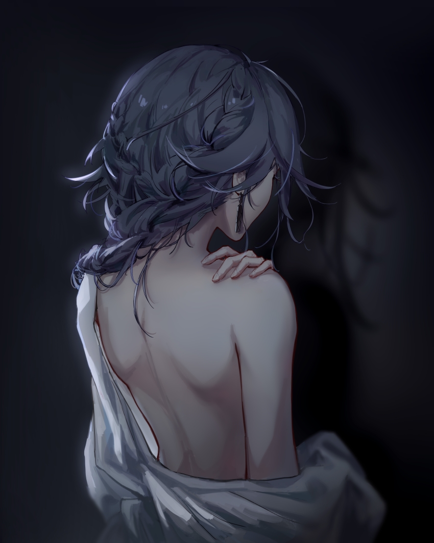 1girl, absurdres, back, back_focus, bad_id, bad_lofter_id, black_hair, braid