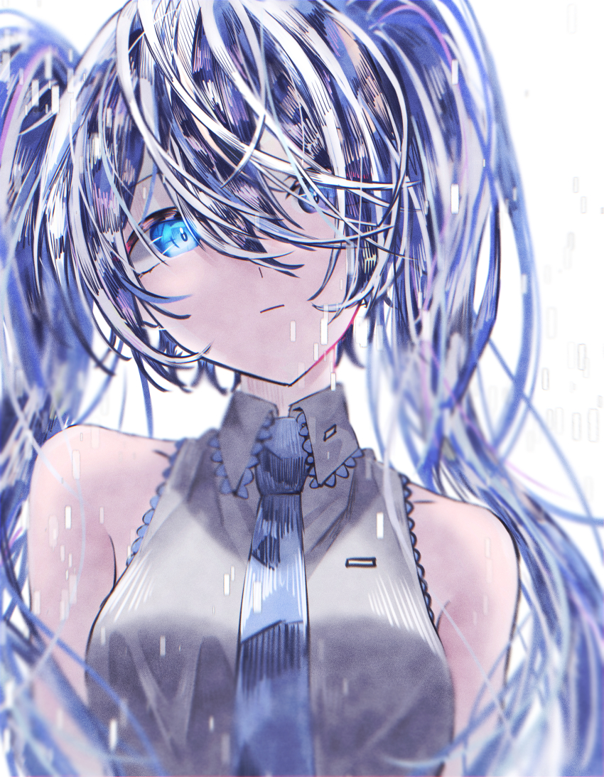 1girl, absurdres, blue_hair, blue_necktie, closed_mouth, collared_shirt, grey_shirt, hair_between_eyes