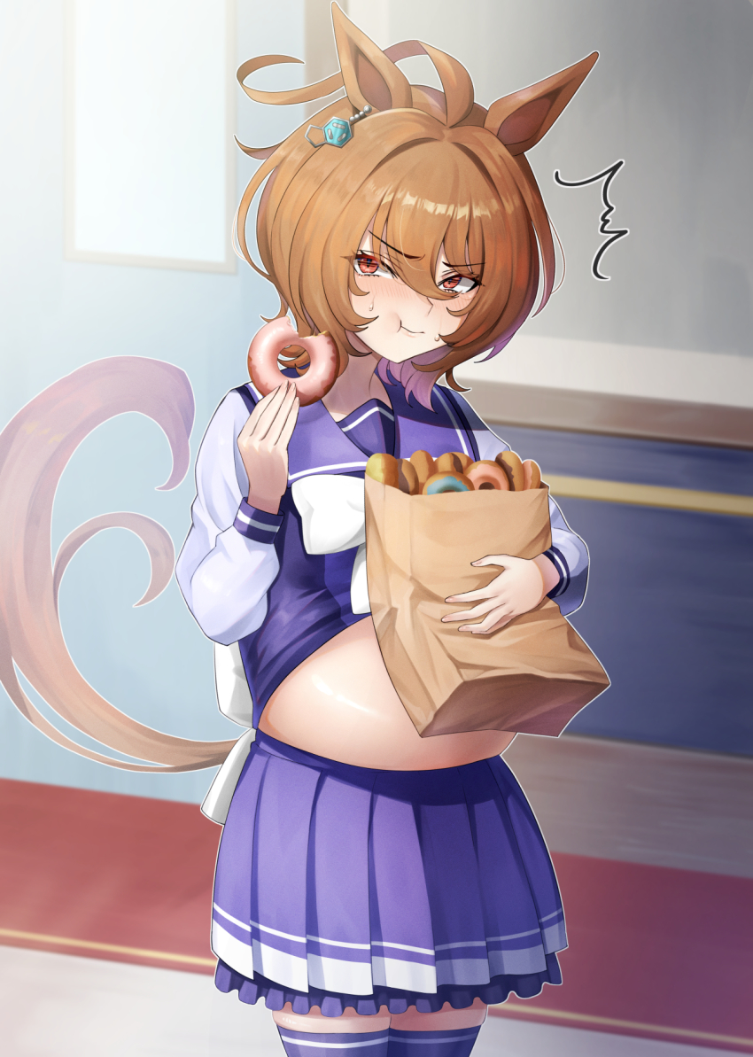 1girl, :t, ^^^, agnes_tachyon_(umamusume), ahoge, animal_ears, bag, blush