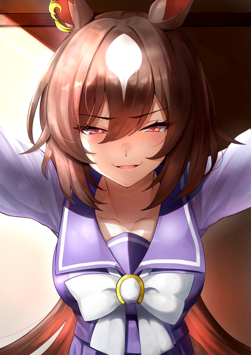 1girl, animal_ears, blush, breasts, brown_hair, collarbone, half-closed_eyes, highres