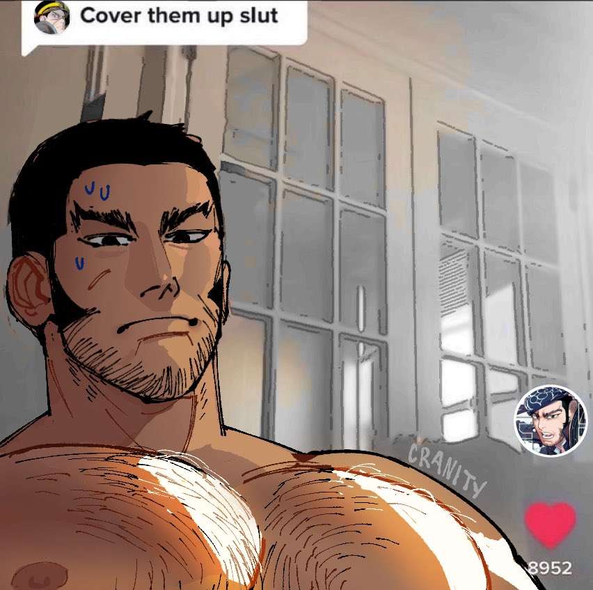 1boy, bara, beard, black_hair, brown_eyes, buzz_cut, chest_hair, cover_them_up_slut_(meme)