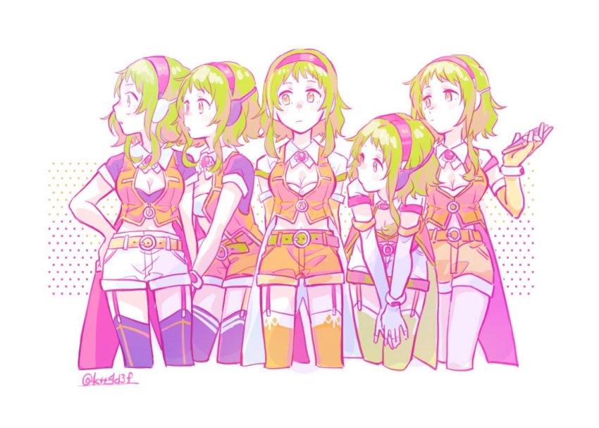 5girls, belt, black_legwear, breasts, brooch, cleavage, cowboy_shot, crop_top