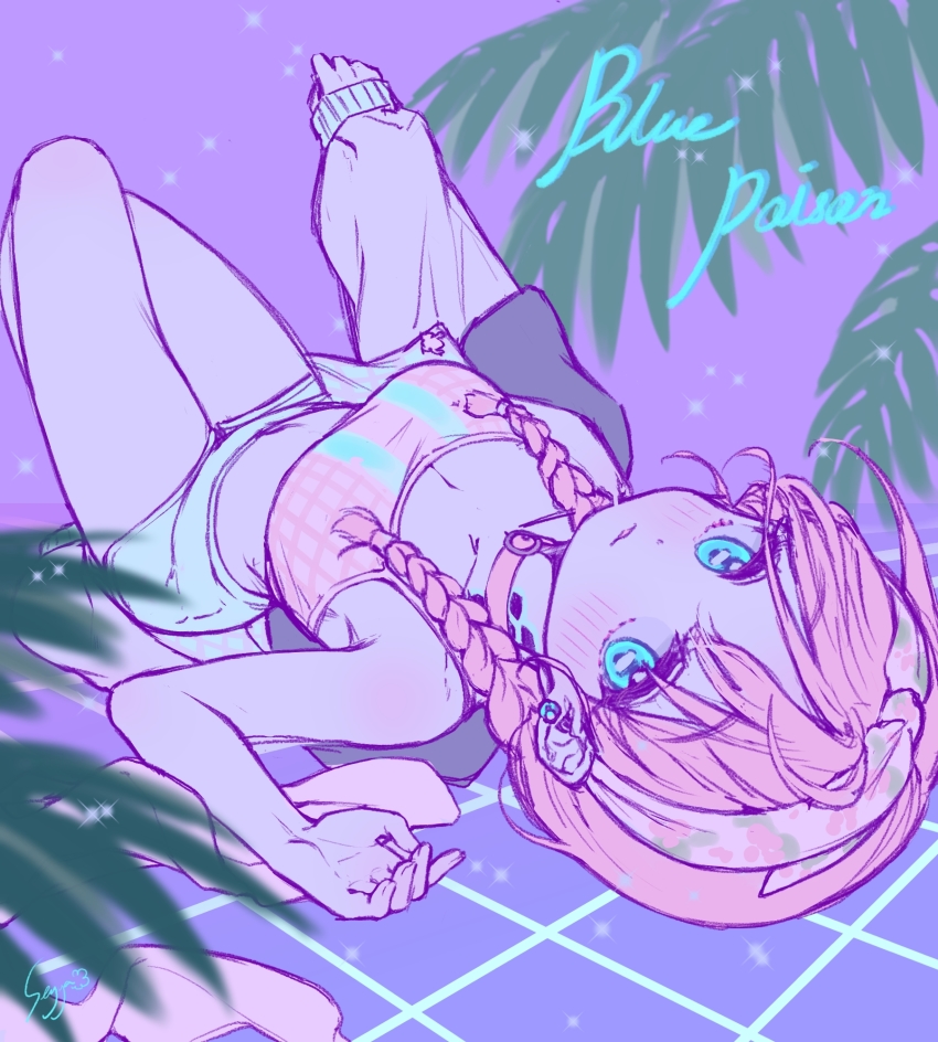 1girl, arknights, bare_arms, bare_shoulders, blue_hair, blue_poison_(arknights), blue_poison_(shoal_beat)_(arknights), blue_shorts