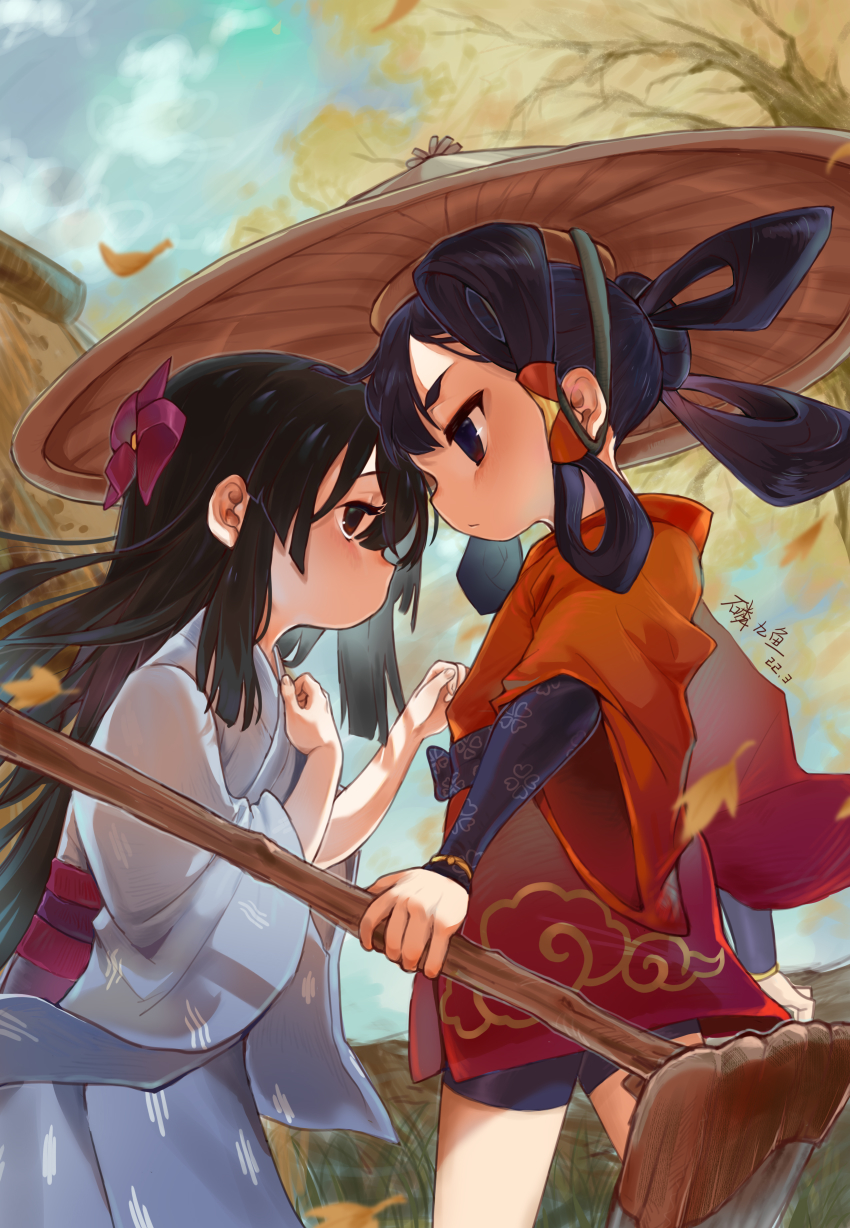 2girls, absurdres, arm_up, bike_shorts, black_hair, black_shorts, blue_kimono, blush, brown_eyes, cloud, eye_contact, face-to-face, hair_rings, hand_on_own_chest, hat, highres, hoe, japanese_clothes, kimono, leaf, linjiiyu_ly9, long_hair, looking_at_another, mizura, multiple_girls, obi, outdoors, pinwheel_hair_ornament, print_kimono, red_kimono, rice_hat, sakuna-hime, sash, shorts, sky, tensui_no_sakuna-hime, tree, very_long_hair, wind, yui_(tensui_no_sakuna-hime), yuri