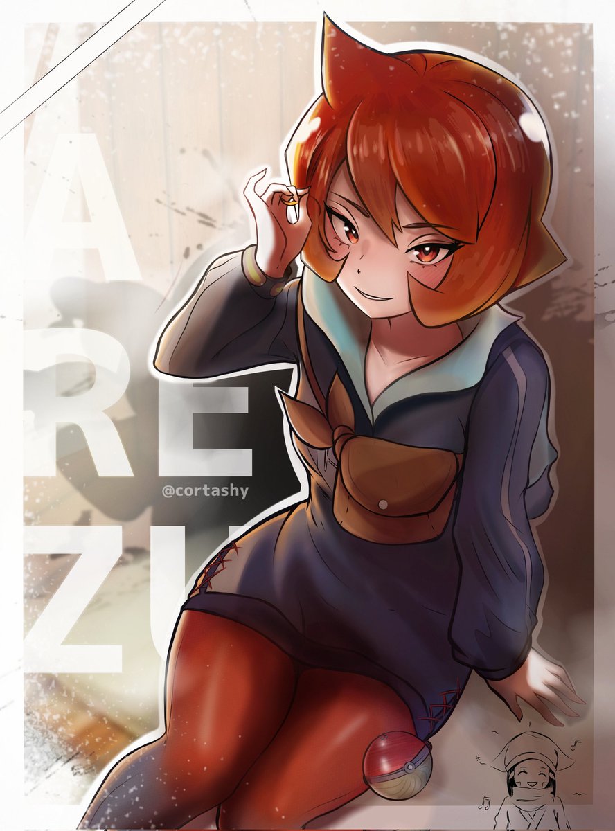 1girl, akari_(pokemon), arezu_(pokemon), arm_support, black_shorts, blush, border, brown_bag