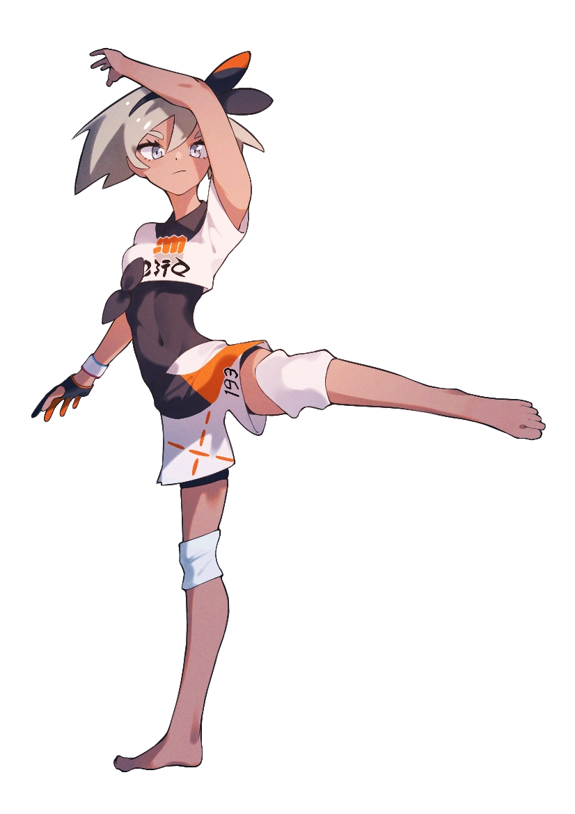 1girl, aoi_(altea0923), arm_up, barefoot, bea_(pokemon), black_bodysuit, black_hairband, bodysuit, bodysuit_under_clothes, bow_hairband, closed_mouth, collared_shirt, commentary, covered_navel, dynamax_band, full_body, gloves, grey_eyes, grey_hair, hair_between_eyes, hairband, knee_pads, leg_up, looking_at_viewer, nintendo, partially_fingerless_gloves, pokemon, pokemon_sword_and_shield, print_shirt, print_shorts, shirt, short_hair, short_sleeves, shorts, single_glove, solo, standing, standing_on_one_leg