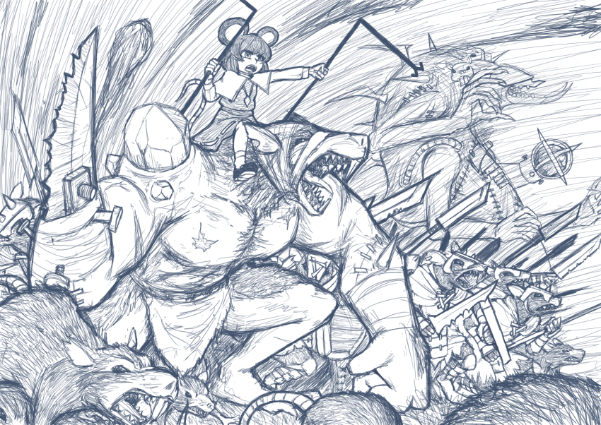 1girl, amputee, animal_ears, armor, bandages, black_footwear, blue_theme, capelet, crossover, crystal, dowsing_rod, emphasis_lines, grey_skirt, grey_vest, greyscale, hatching_(texture), hell_angel, helmet, holding, holding_weapon, jagged_sword, jewelry, linear_hatching, loincloth, long_sleeves, monochrome, monster, mouse_(animal), mouse_ears, mouse_girl, mouse_tail, nazrin, pendant, polearm, rat_ogre, riding, scar, sharp_teeth, shield, shoes, short_hair, skaven, skirt, skirt_set, socks, spear, stitches, swarm, tail, teeth, touhou, traditional_media, vest, warhammer_fantasy, weapon, white_capelet