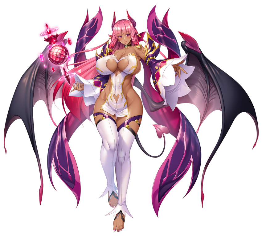 1girl, aoi_nagisa_(metalder), clothing_cutout, cutout_below_navel, dark_skin, demon_girl, demon_tail, full_body, highres, horns, lilith-soft, long_hair, monster_girl, multicolored_hair, nail_polish, official_art, phantasma_(taimanin_rpgx), pink_eyes, pink_hair, simple_background, tail, taimanin_(series), taimanin_rpgx