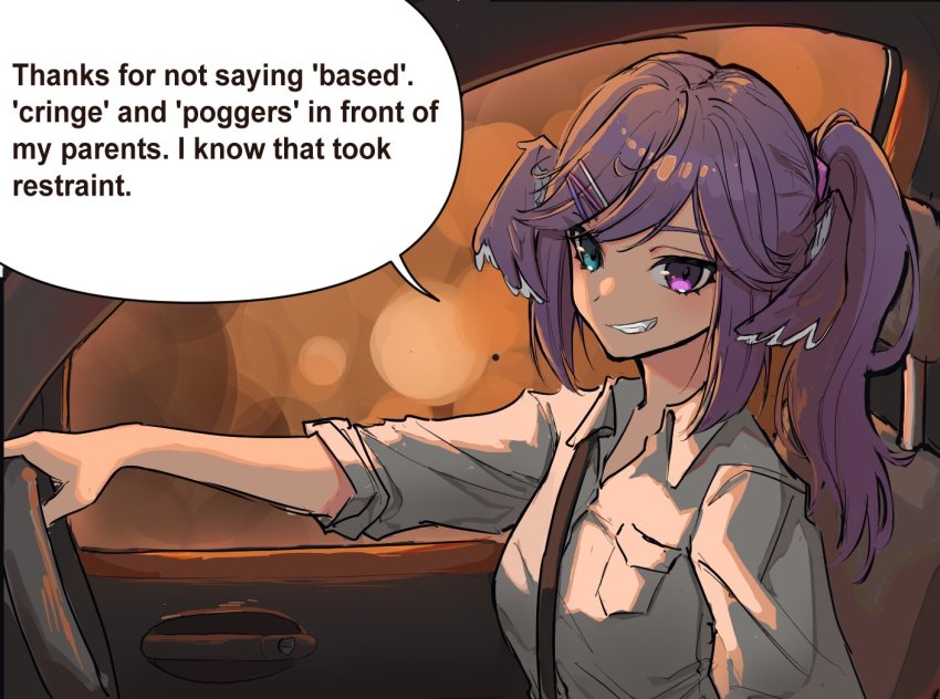 alternate_costume, black_necktie, blue_eyes, collared_shirt, commentary, english_commentary, english_text, fang