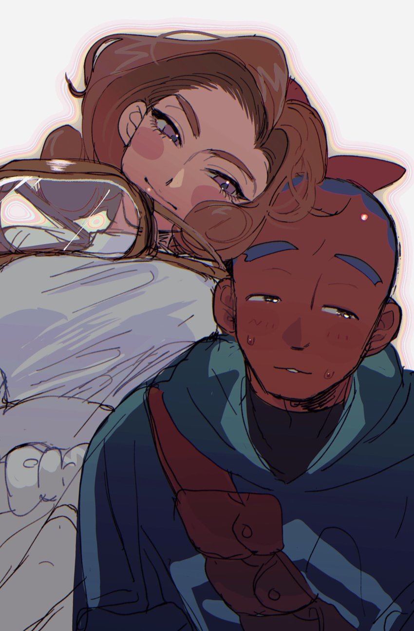 1boy, 1girl, bag, black_shirt, blue_hair, blush, blush_stickers, brown_bag