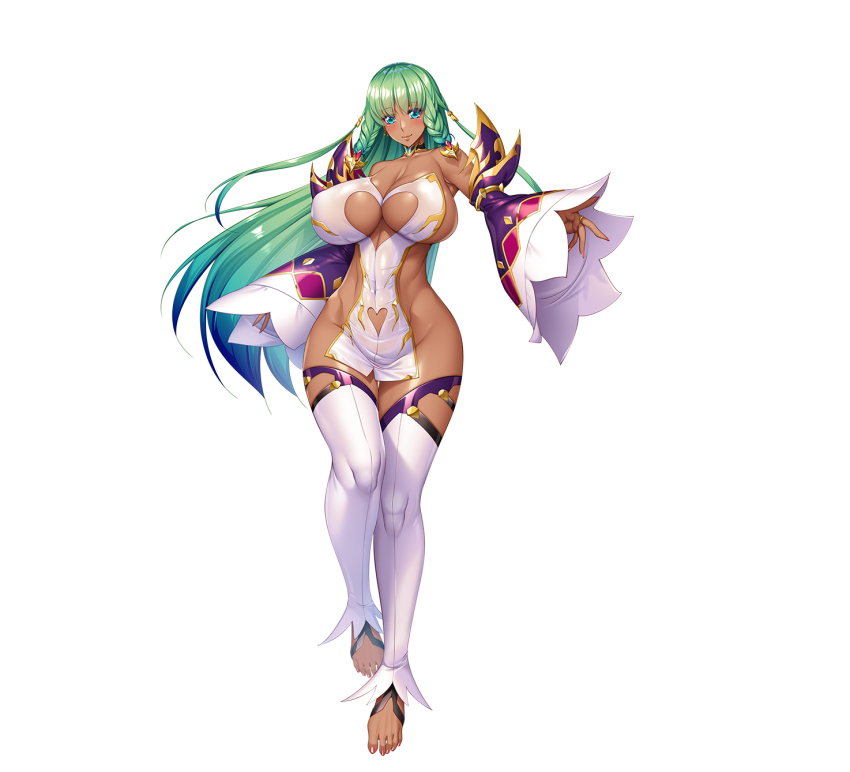 1girl, anna_(taimanin_rpgx), aoi_nagisa_(metalder), aqua_eyes, blush, cleavage_cutout, clothing_cutout, curvy, cutout_below_navel, dark_skin, full_body, green_hair, highres, lilith-soft, long_hair, multicolored_hair, nail_polish, official_art, phantasma_(taimanin_rpgx), shiny_skin, simple_background, taimanin_(series), taimanin_rpgx, very_long_hair, wide_hips