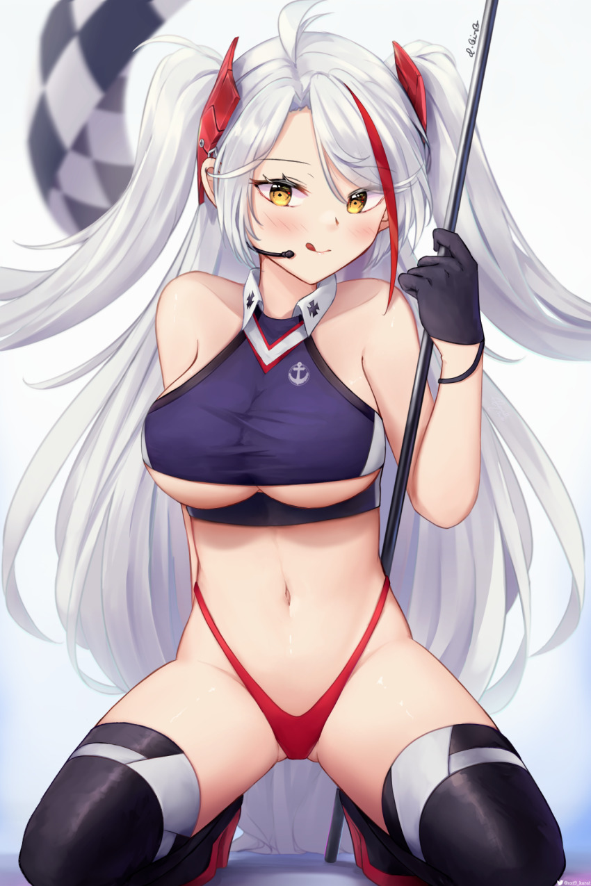 1girl, :q, antenna_hair, azur_lane, bare_arms, bare_shoulders, black_gloves, black_thighhighs