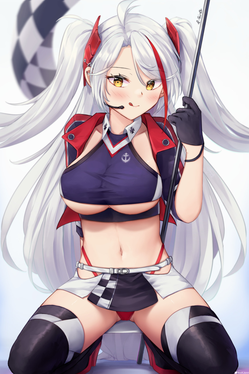 1girl, :q, antenna_hair, azur_lane, black_gloves, black_thighhighs, blush, breasts