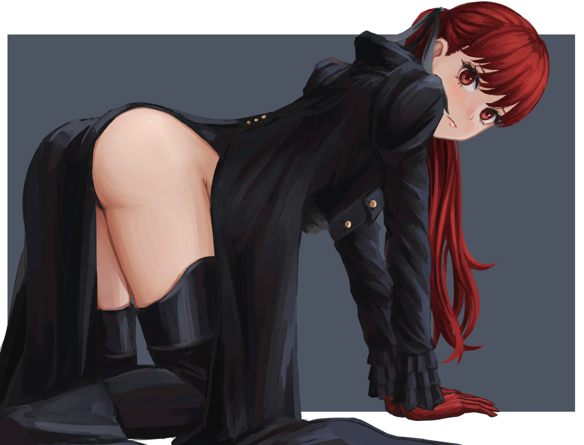 1girl, absurdres, all_fours, ass, black_jacket, black_leotard, boots, closed_mouth