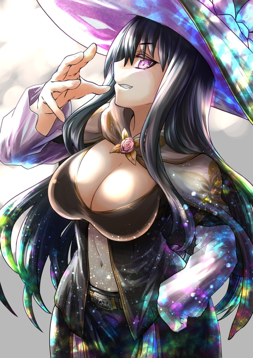 1girl, black_hair, black_hat, black_robe, black_skirt, breasts, cleavage, commentary_request, covered_navel, flower, grin, hat, highres, large_breasts, large_hat, long_hair, nakayoshi_koyoshi, navel, official_art, pink_flower, pink_rose, purple_eyes, robe, rose, sentai_red_isekai_de_boukensha_ni_naru, skirt, smile, solo, witch, witch_hat, yihdra_arvoln