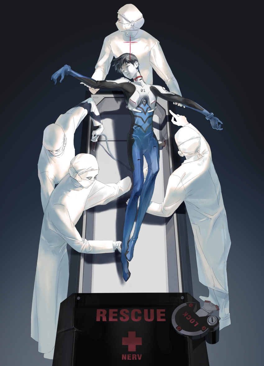 absurdres, cross, doctor, english_text, gloves, gradient_background, highres, hospital