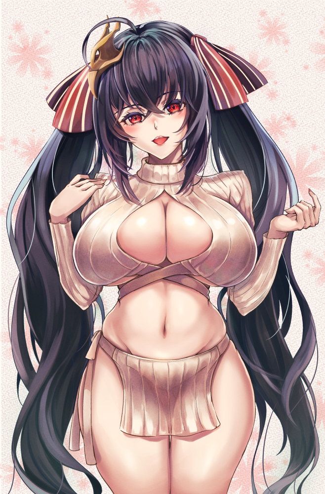 1girl, :d, ahoge, alternate_costume, azur_lane, black_hair, blush, breasts