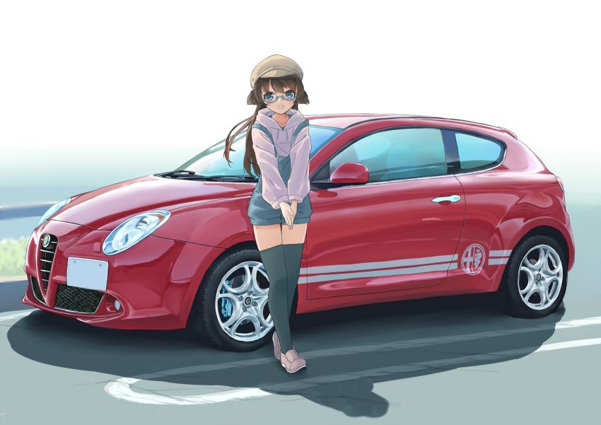 1girl, alfa_romeo, alfa_romeo_mito, amemiya_sekira, black_thighhighs, brown_hair, brown_hat, newsboy_cap