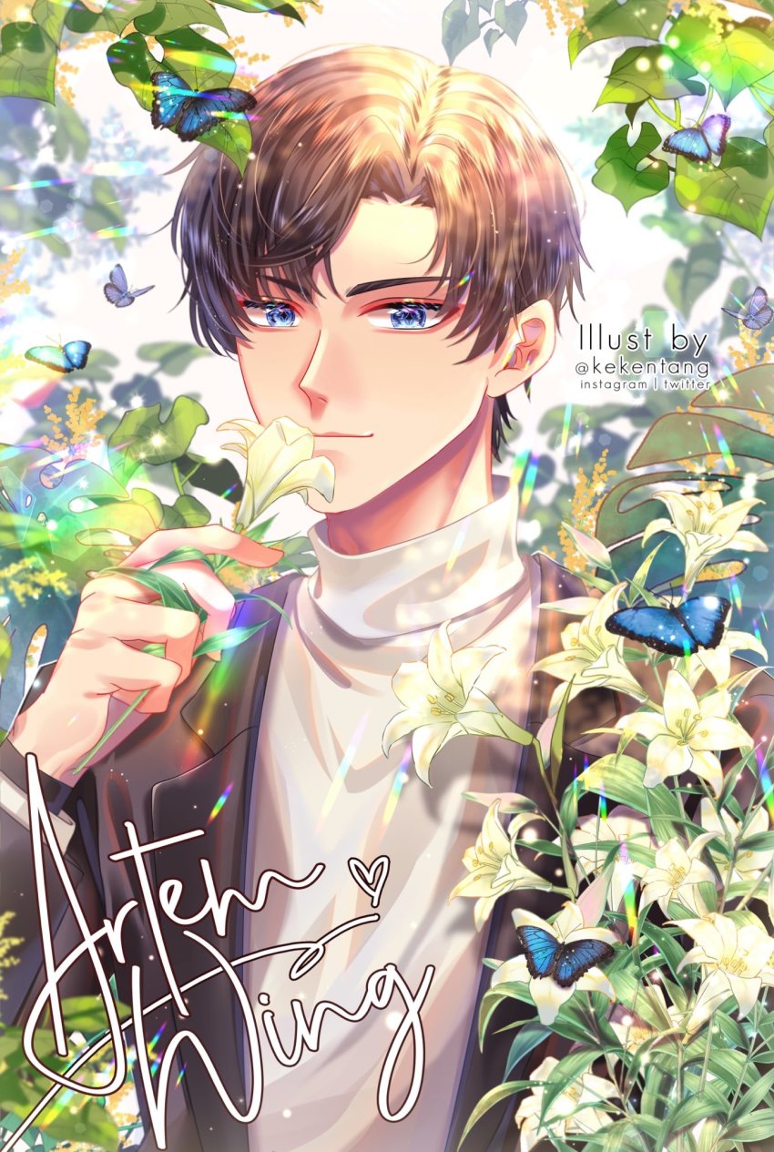 1boy, artem_wing_(tears_of_themis), blue_butterfly, blue_eyes, brown_hair, brown_jacket, bug, butterfly, character_name, closed_mouth, flower, heavy_lens_flare, highres, insect, jacket, keke_(kekentang_), leaf, lens_flare, lily_(flower), long_sleeves, looking_at_viewer, short_hair, smile, solo, sweater, symbol-shaped_pupils, tears_of_themis, white_flower, white_sweater